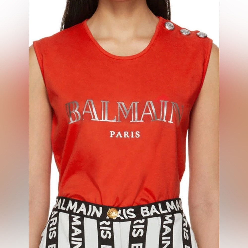 Balmain Red Buttoned Log Sleeveless T-Shirt
